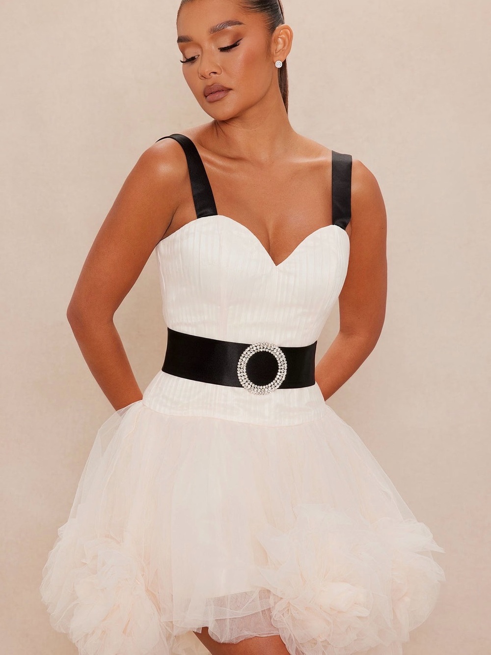 Fashion Nova soft pink Dress with Black Satin Rhinestone Circle Belt